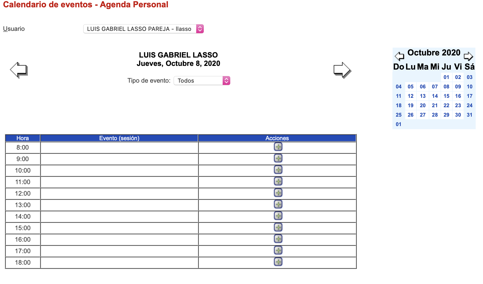Registro de calendario de eventos