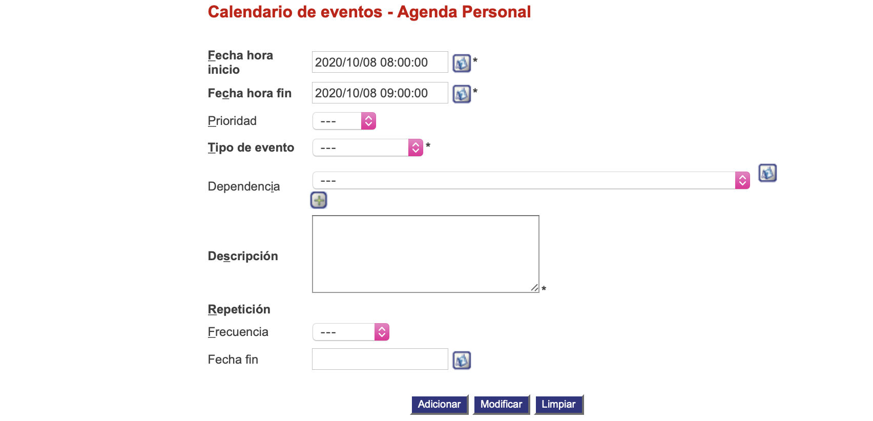 Registro de calendario de eventos por día.
