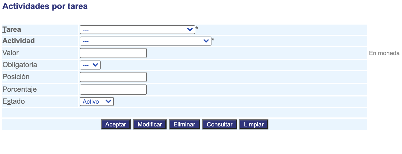 Configuración actividades por tarea