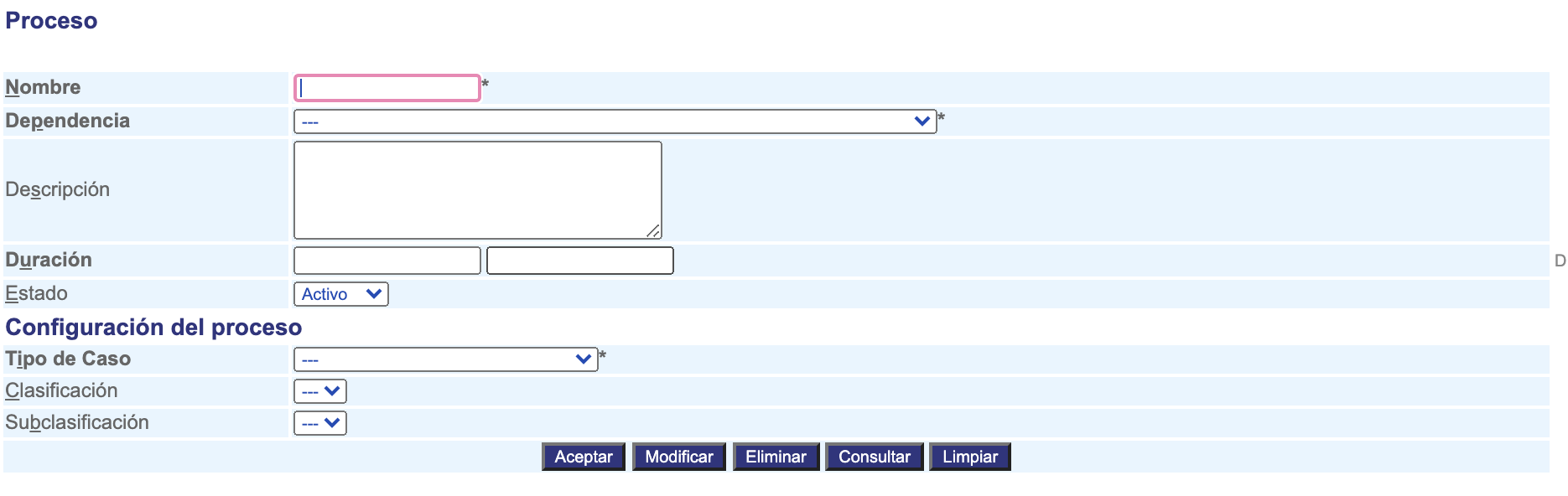 Configuración de procesos
