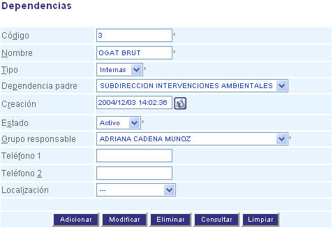 Formulario registro de dependencias