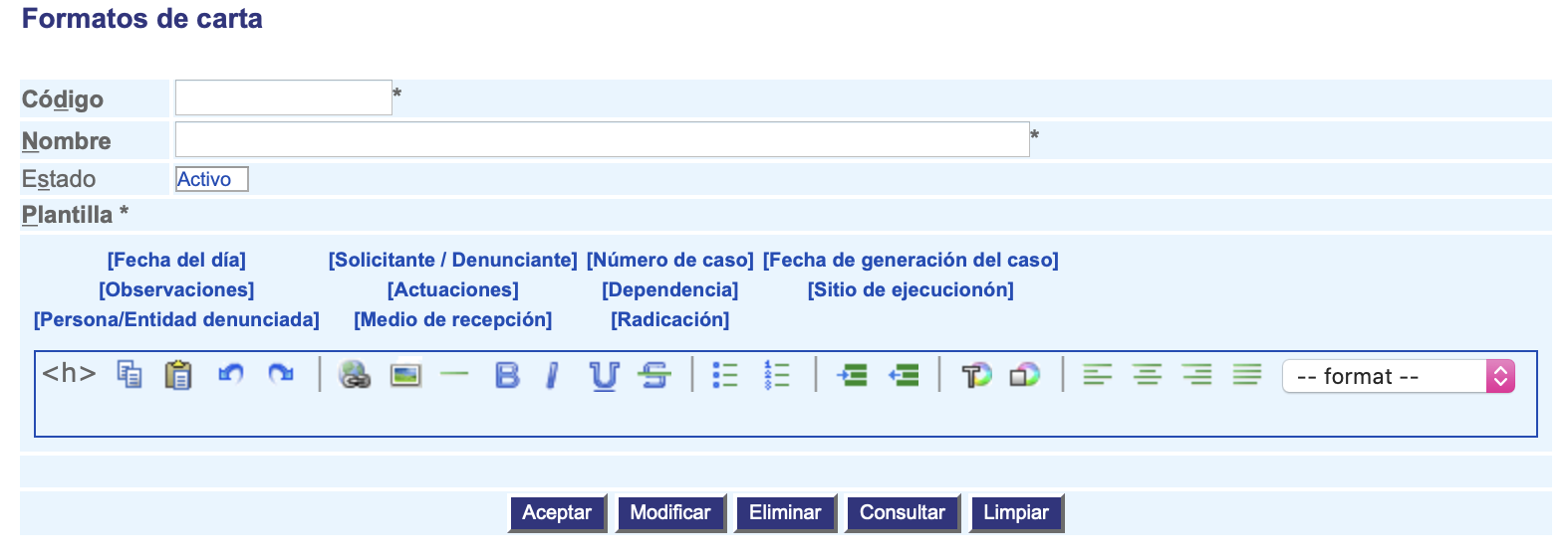 Formulario formato de carta